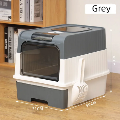 Large Foldable Cat Litter Box with Scoop & Lid