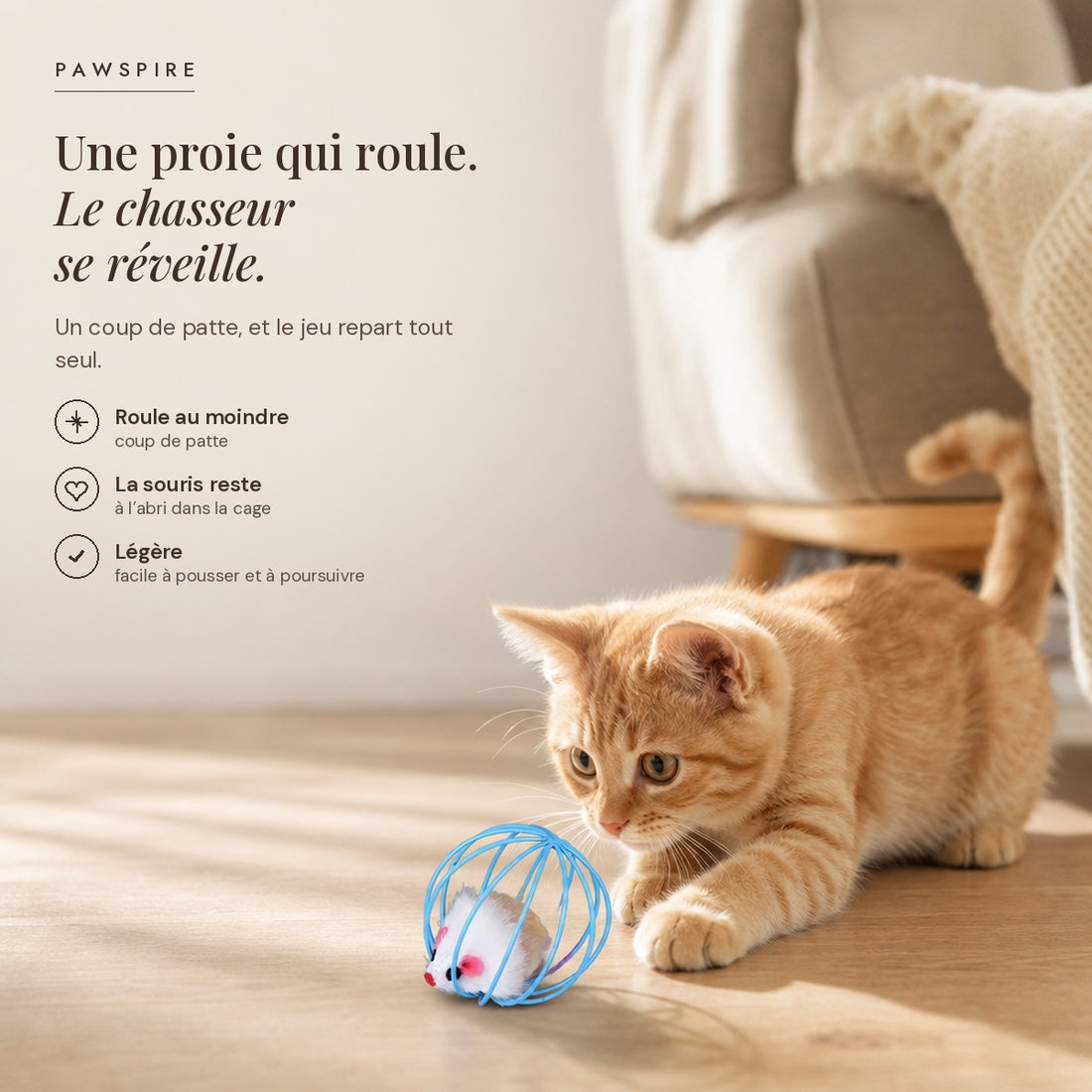 Balle-cage avec souris en peluche pour chat