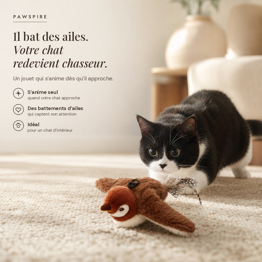 Oiseau en peluche interactif Pawspire pour chat, ailes déployées
