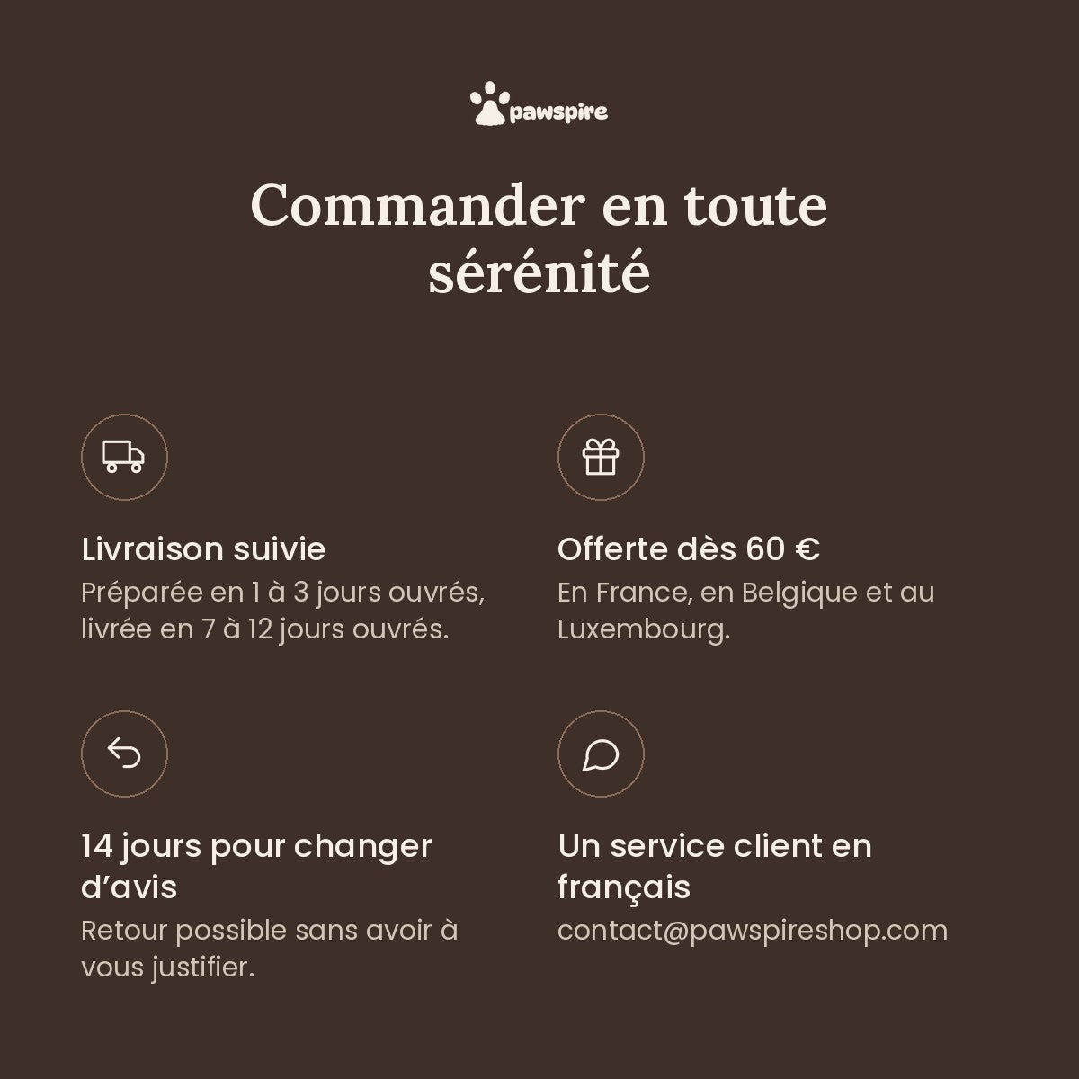 Pawspire : livraison suivie, offerte dès 60 €, retours 14 jours, service client en français