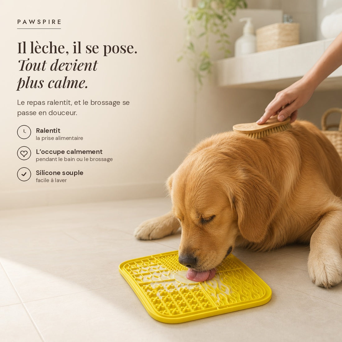 Tapis de léchage carré en silicone jaune, 4 zones de reliefs