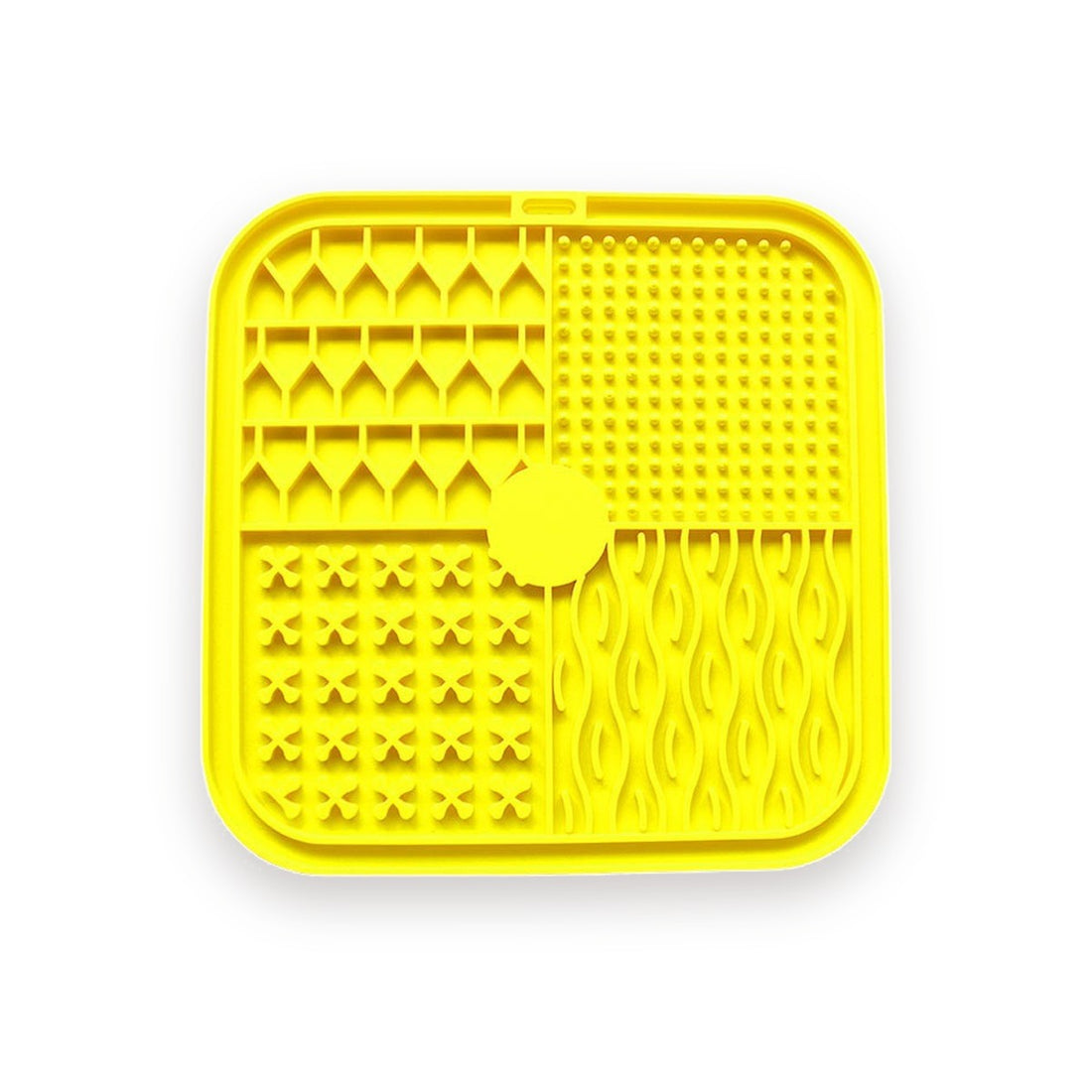 Tapis de léchage carré en silicone jaune, 4 zones de reliefs