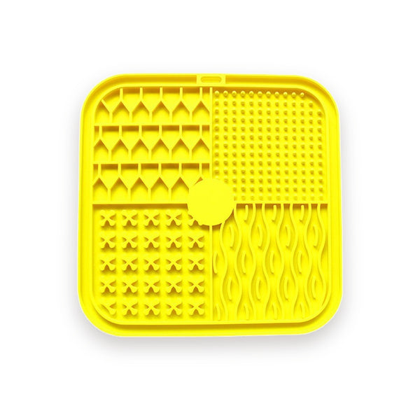 Tapis de léchage carré en silicone jaune, 4 zones de reliefs